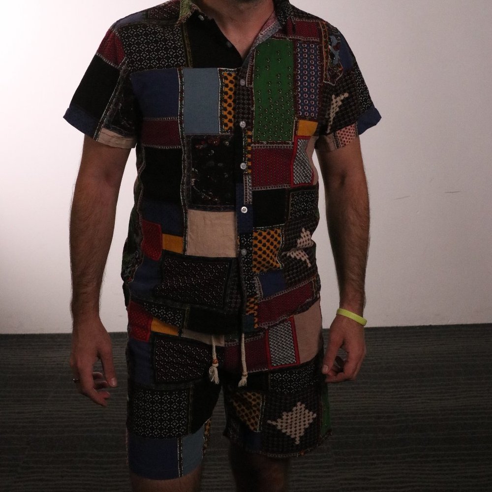 Multi-colored shirt and shorts set.